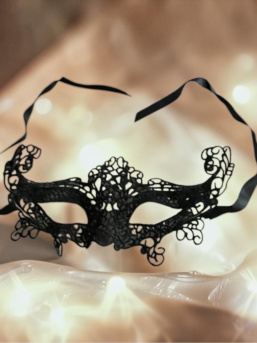 Black Lace Venetian Eye Mask with Ribbon Ties
